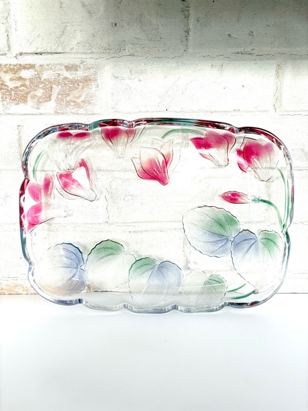 Crystal Clear Studios Casandra Floral Glass Serving Tray Platter